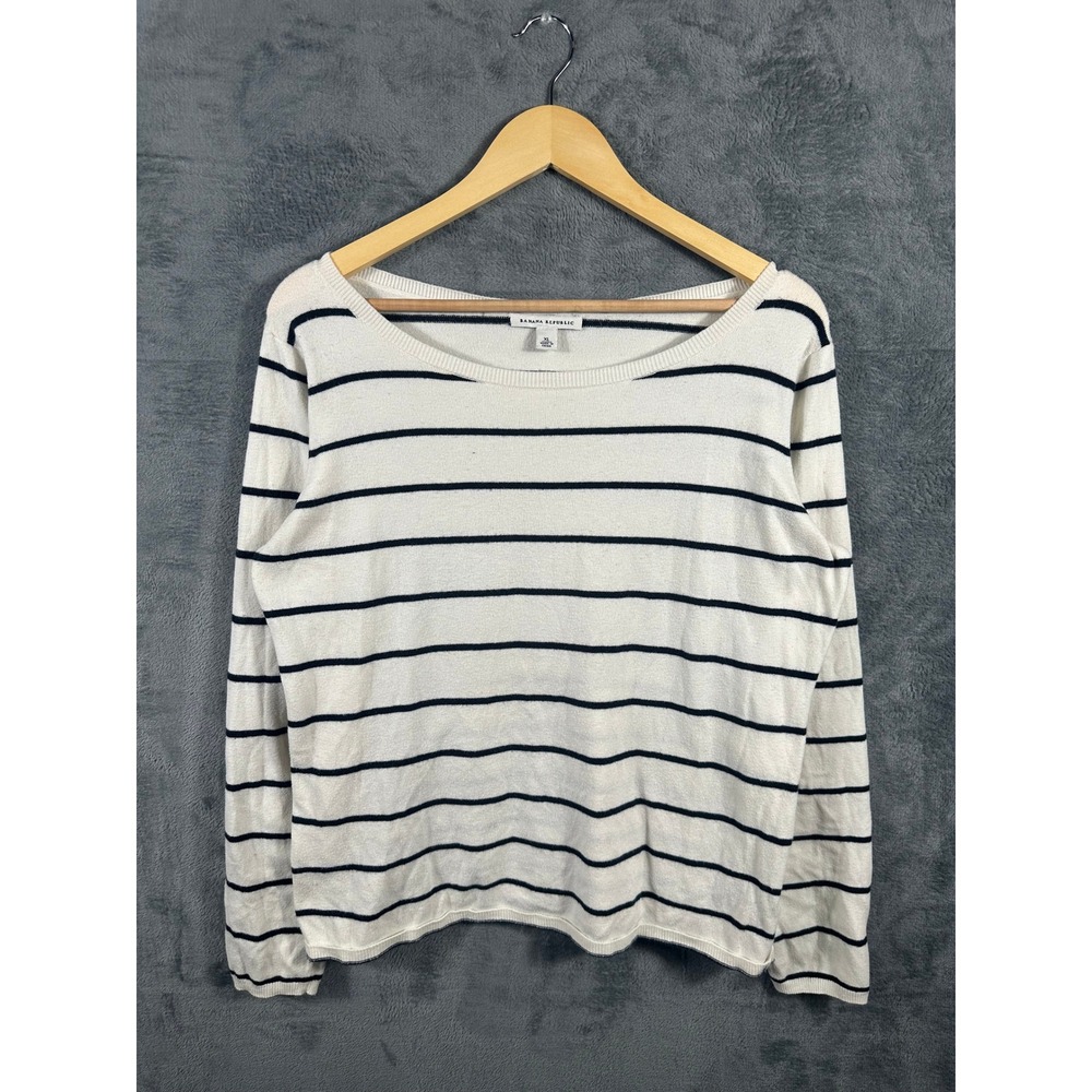 Banana Republic Womens XL Ivory Navy Blue Striped Scoop Neck Long Sleeve Sweater
